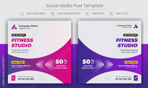 Fitness gym social media post square banner template for fitness studio promotion. Set of Social media ads vector templates fully editable, advertising design, social media banner post template