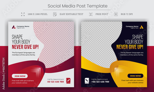 Fitness gym social media post square banner template for fitness studio promotion. Set of Social media ads vector templates fully editable, advertising design, social media banner post template