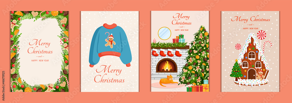 Set of cute Christmas cards. Collection of vector New Year illustrations.