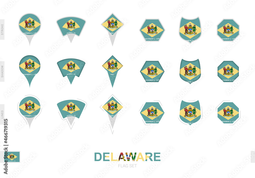 Collection of the Delaware flag in different shapes and with three different effects.