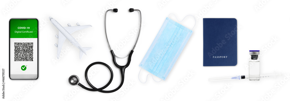 Green pass covid-19 vaccination concept. Passport, face mask, stethoscope, airplane, syringe and vial isolated on white background. Vaccine certificate on smartphone screen with qr code. - obrazy, fototapety, plakaty 