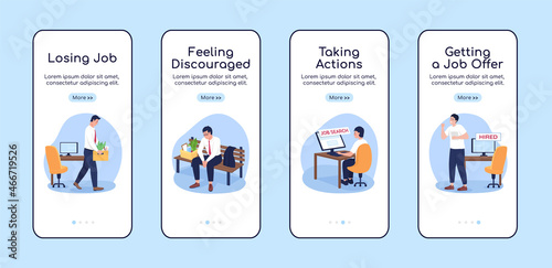 Finding job after unemployment onboarding mobile app screen flat vector template. Walkthrough website 4 steps with characters. Creative UX, UI, GUI smartphone cartoon interface, case prints set