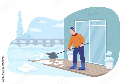 Porch snow clearing 2D vector isolated illustration. Cleaning outside suburban home in cold weather. Man working with shovel flat character on cartoon background. Wintertime activities colourful scene
