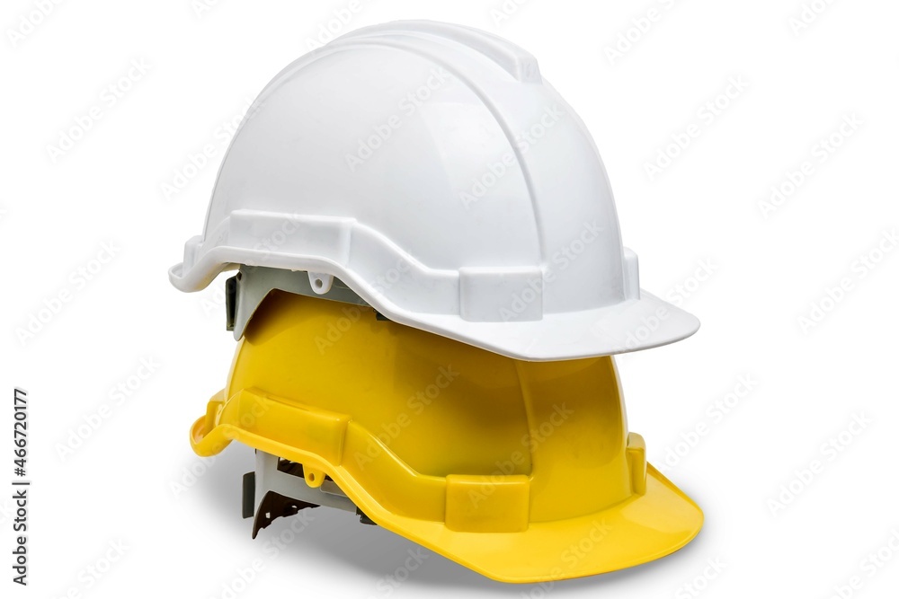 white, yellow hard safety helmet hat for safety project of workman as engineer or worker,isolated white background white, yellow hard safety helmet hat for safety project of workman as engineer or worker,isolated white background