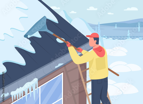 Rooftop snow removal flat color vector illustration. Clearing roof of residential estate in cold weather. Man on ladder with snow remover tool 2D cartoon characters with landscape on background