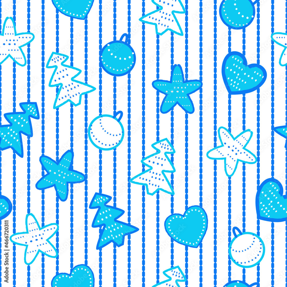 Christmas gingerbread cookies on a striped blue background. Winter seamless pattern for textiles.