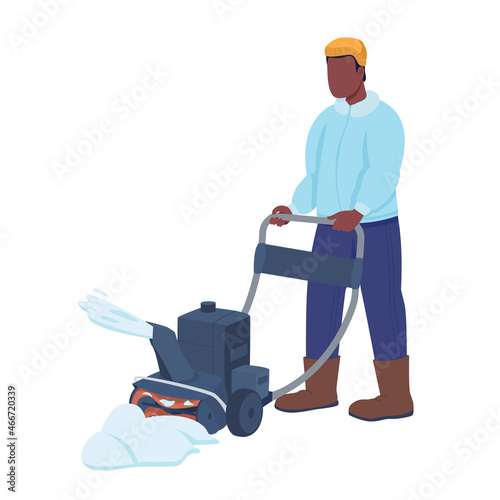 Man with snowplow semi flat color vector character. Standing figure. Full body person on white. Winter season isolated modern cartoon style illustration for graphic design and animation