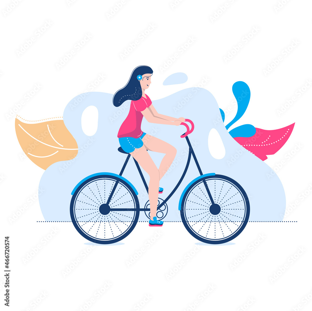 Young woman training bicycle, outdoor park physical activity, character female healthy body workout cartoon vector illustration, isolated on white. Young woman training bicycle, outdoor park physical activity, character female healthy body workout cartoon vector illustration, isolated on white.