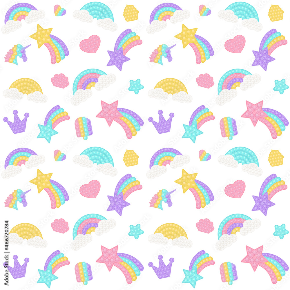Obraz premium Popit background with a fashionable silicon fidget toys. Addictive anti-stress toy in pastel colors. Bubble popit background with rainbow, star. Vector illustration on white background.