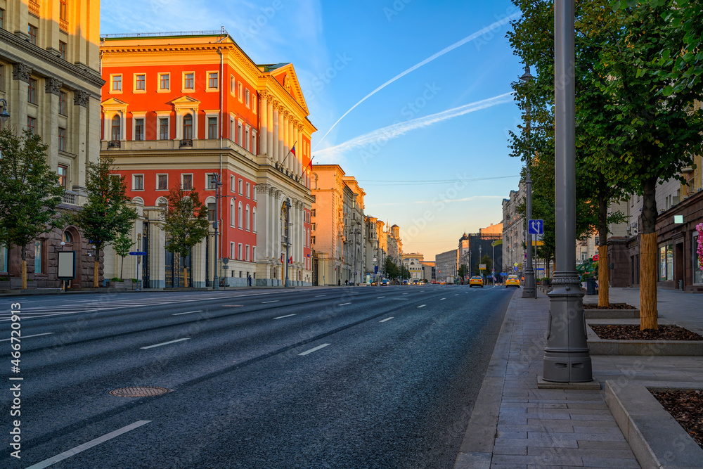 Building of Moscow Government on Tverskaya Street in Moscow, Russia. Sunrise cityscape of Moscow