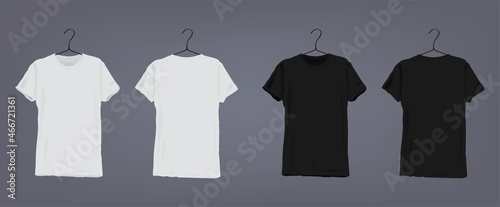 Set of realistic white and black unisex classic t-shirt with v-neck on coat hanger. Front and back view. Vector illustration collection on gray background.