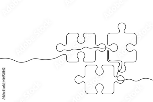 Three puzzle pieces of one continuous line drawn. One hand-drawn line of jigsaw puzzle element. Vector illustration.