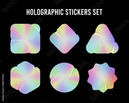 Holographic stickers mockup. Realistic hologram labels of different shapes with rumpled wrinkles. Blank holographic tags or labels. Vector illustration.