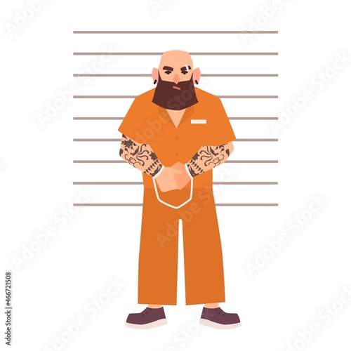 Bearded male criminal with handcuffs standing and posing for mugshot against lineup wall at police station or jail. Suspect or arrested man in detention center. Flat cartoon vector illustration