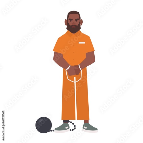 African American bearded man with handcuffs and ball and chain isolated on white background. Suspect, criminal or arrested person in prisoner uniform. Flat male cartoon character. Vector illustration