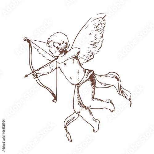 Adorable Cupid with bow aiming or shooting arrow hand drawn with contour lines on white background. Flying angel or god of romantic love and passion. Hand drawn vector illustration in vintage style.