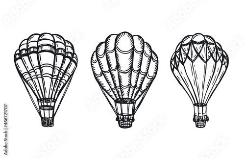 Hot air balloons flying, Hand drawn illustration.	