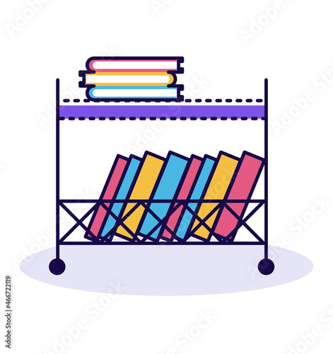 Concept bookshelf with various learning book, line school textbook and handbook lie rack flat vector illustration, isolated on white.