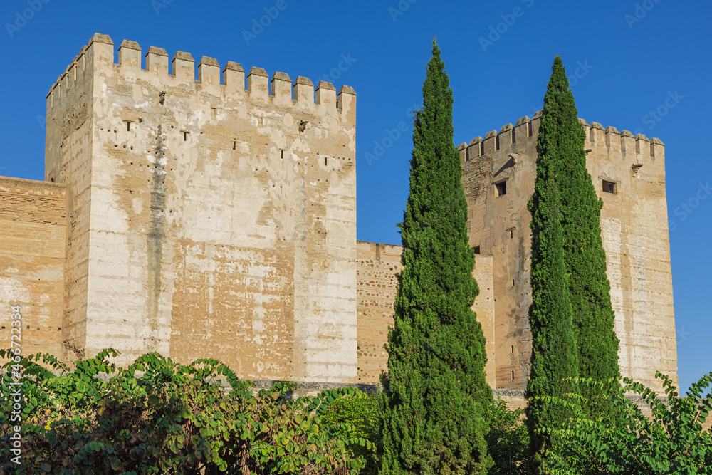 Looking up at the Alcazaba in the Alhambra