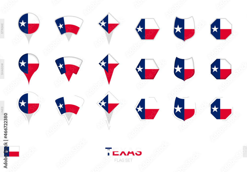 Collection of the Texas flag in different shapes and with three different effects.