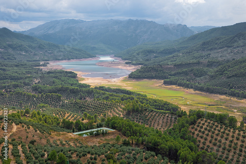 The reservoir Tranco de Beas with olive trees, seen from a vantage point in Hornos