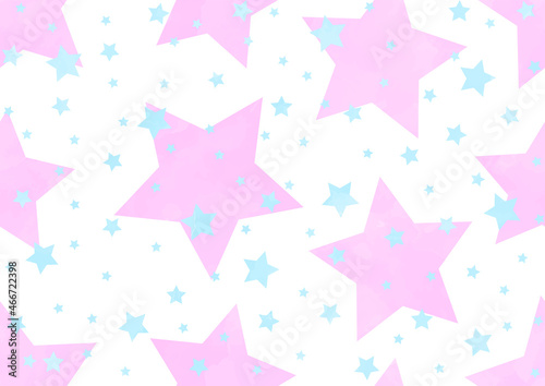 Seamless pastel vector watercolor baby background texture with blue and pink stars. Pastel color fun kids backdrop for postcard, poster. Painted hand drawn baby Christmas illustration. Merry Christmas