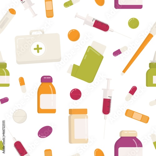 Seamless pattern with first aid kit, inhaler, pills, drugs, medications, syringe and other medical tools on white background. Flat cartoon colorful vector illustration for wrapping paper, wallpaper.