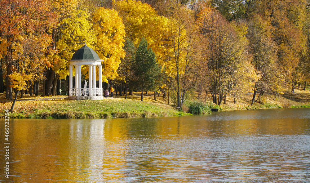 view of the pond and autumn park, golden autumn, beautiful landscape. Park Belkino, Obninsk, Russia 10.06.2021