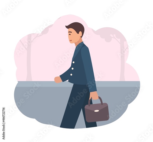 Happy manager or office worker dressed in smart suit walking back home in evening. End of working day. Scene from daily life of ordinary man. Colorful vector illustration in flat cartoon style.