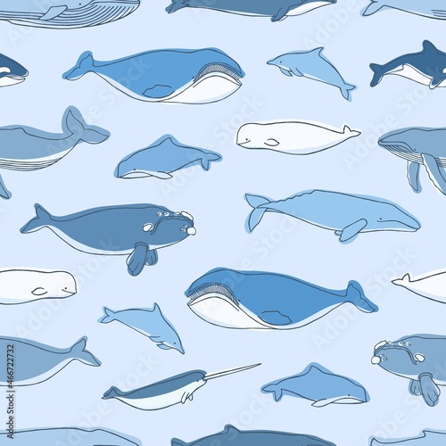 Seamless pattern with aquatic animals or marine mammals hand drawn on blue background - whales, narwhal, dolphins, cachalot, beluga. Vector illustration for textile print, wrapping paper, wallpaper.