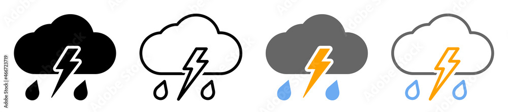 Set of storm and rain icons. Thunderstorm symbols. ?loud with lightning and raindrop. Meteo signs. Vector illustration. Set of storm and rain icons. Thunderstorm symbols. ?loud with lightning and raindrop. Meteo signs. Vector illustration.