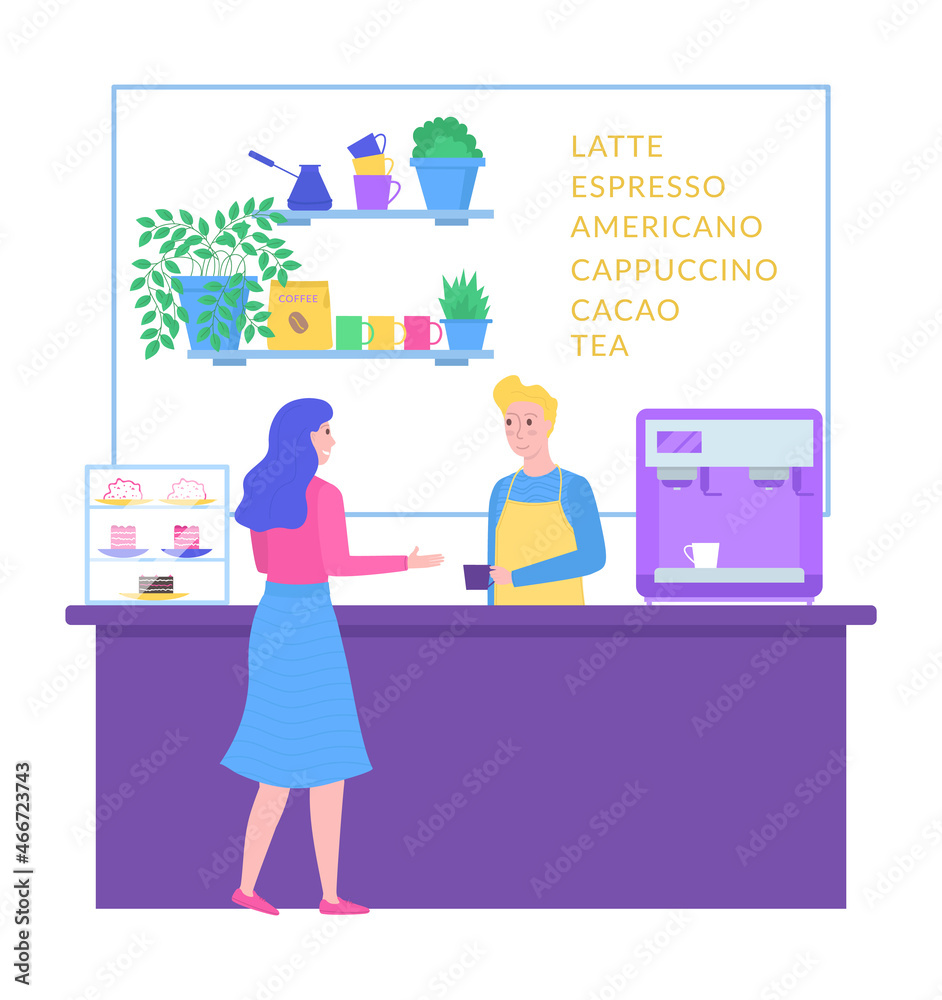 Woman buy coffee drink in cafeteria, male character waiter barista accept order, concept bar counter cartoon vector illustration, isolated on white. Woman buy coffee drink in cafeteria, male character waiter barista accept order, concept bar counter cartoon vector illustration, isolated on white.