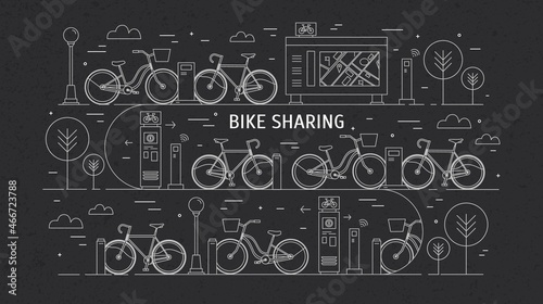 Rental bikes parked at docking stations on city street. Concept of public bicycle sharing or rent. Monochrome vector illustration in line art style.