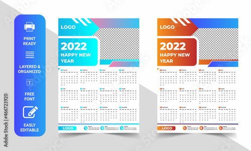 Calendar 2022 Template, Wall Calendar 2022 Vector, Desk Calendar Design © Laiju Akter