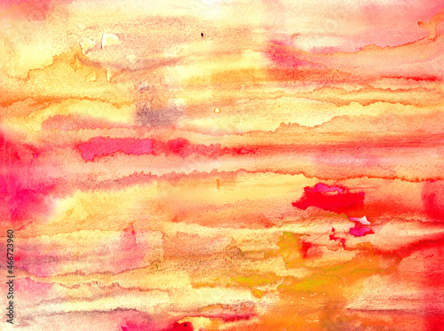 Abstract watercolor Hand painted background on grain torshon paper. Red and yellow horizontal stripes, ink flows 