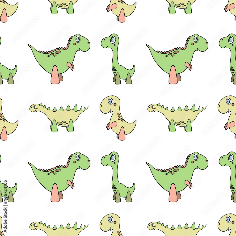 Vector seamless pattern with four different dinosaurs. Cute cartoon children’s character in light green colors. Nice Illustration for wrapping paper, fabric, textile, wallpaper. Vector seamless pattern with four different dinosaurs. Cute cartoon children’s character in light green colors. Nice Illustration for wrapping paper, fabric, textile, wallpaper.