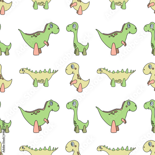 Vector seamless pattern with four different dinosaurs. Cute cartoon children’s character in light green colors. Nice Illustration for wrapping paper, fabric, textile, wallpaper. © Iuliia