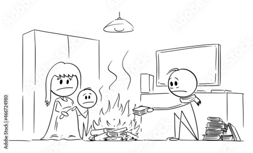 Family Burning Fire in Living Room, Suffering from Cold or Chilly Weather, Vector Cartoon Stick Figure Illustration