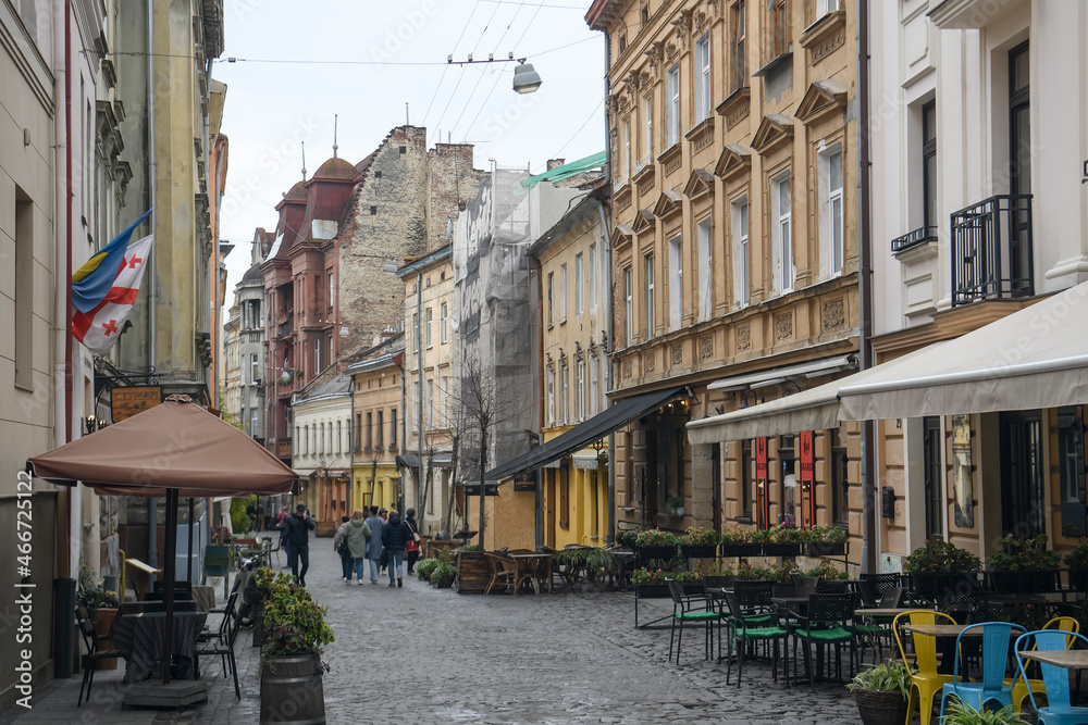 Tourist Armenian Street in the historic center of Lviv, Ukraine. Oktober 2021