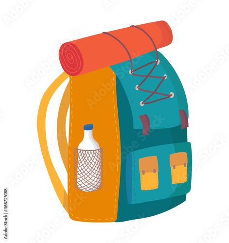 Outdoor tourist backpack icon, concept hiking equipment duffel bag, traveler stuff flat cartoon vector illustration, isolated on white.