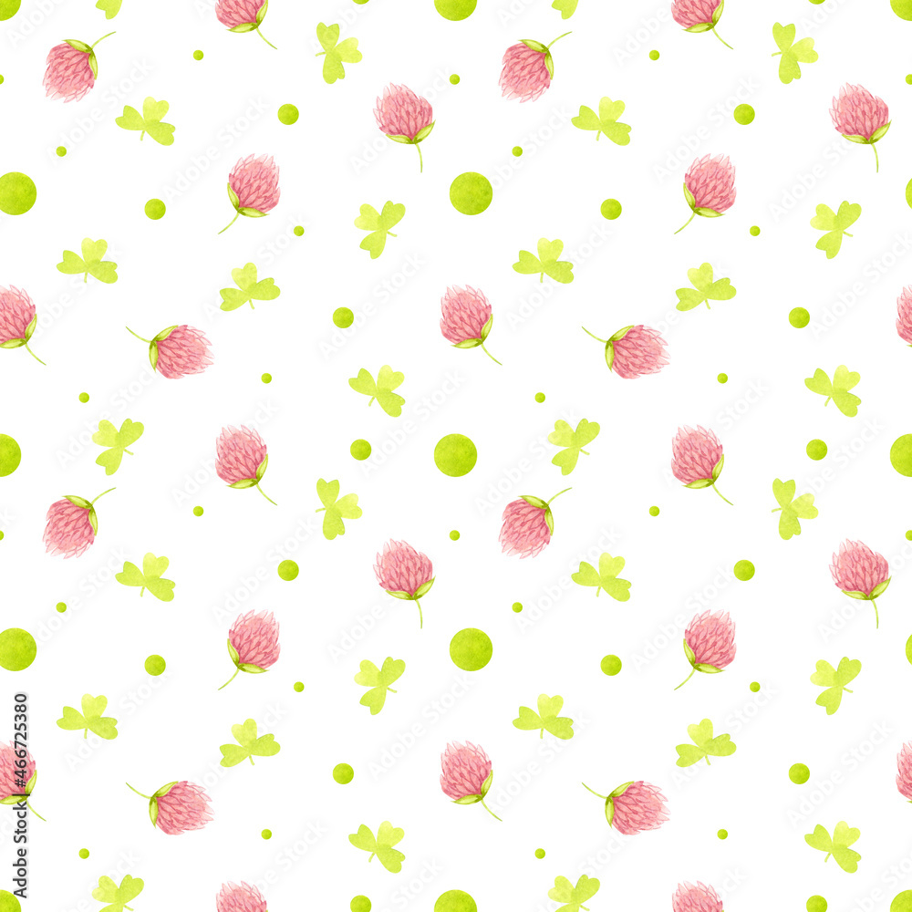 Seamless pattern. St. Patrick's Day decor. Green clover leaves, pink clover flowers. Pastel colors watercolor. For packaging paper or fabric.
