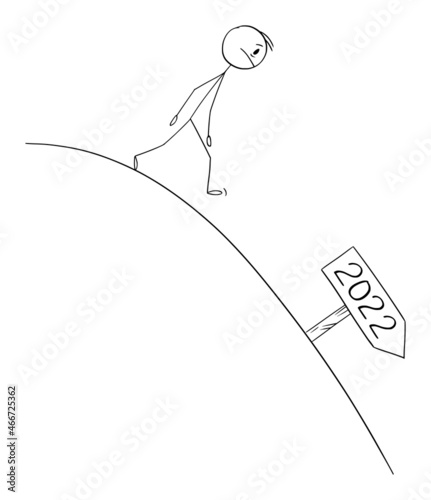 Person Walking Down Hill, Bad Expectations From Year 2022, Vector Cartoon Stick Figure Illustration