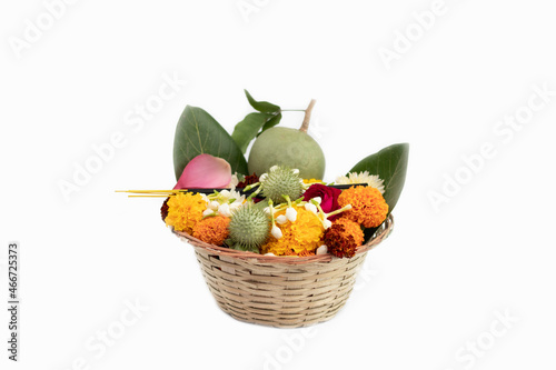 Bamboo Basket With Multi Flowers like Marigold Genda, Gulab, Jasmine Beli, Lotus Kamal, Wood Apple Bel Or Bael, Banyan Leaves Vat Bargad Patte, Thornapples Dhatura Or Datura, Belpatra For Shivaratri