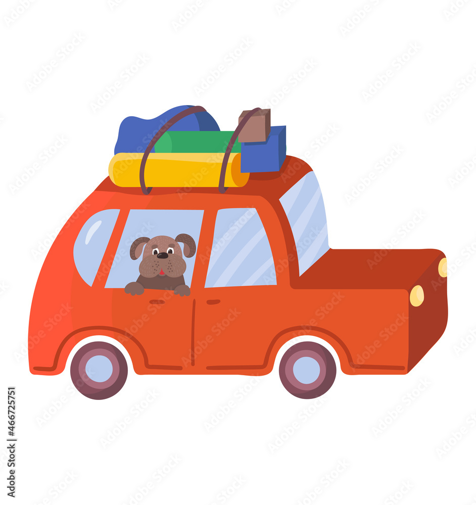 Outdoor tourist car with hiking travel stuff, dog watch window vehicle, family road travel cartoon vector illustration, isolated on white. Outdoor tourist car with hiking travel stuff, dog watch window vehicle, family road travel cartoon vector illustration, isolated on white.