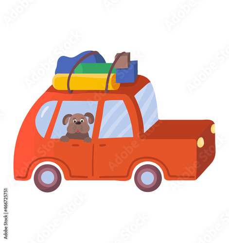 Outdoor tourist car with hiking travel stuff, dog watch window vehicle, family road travel cartoon vector illustration, isolated on white. © creativeteam