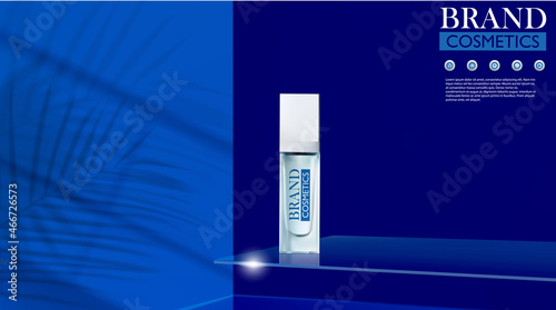 Product cosmetic on biue transparent square disks with blue background . cosmetics product as beauty brand design.Realistic vector illustration .