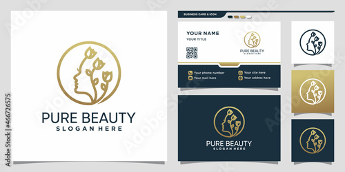 Pure beauty logo with line art style and business card design Premium Vector