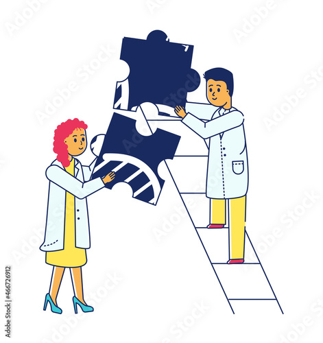 Medical analysis doctor, woman character hold puzzle deoxyribonucleic acid, scientific man line flat vector illustration, isolated on white.