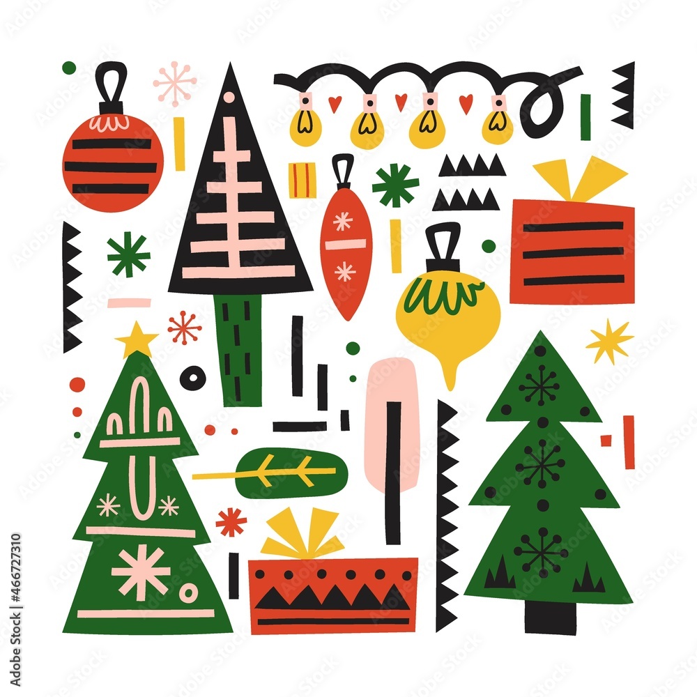 Christmas set. Hand drawn scandinavian style winter holidays decor elements, cartoon ethnic ornament presents tree and toys, traditional colors green and red, poster or print vector illustration