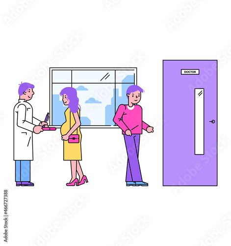 Healer therapist talk with late pregnant time woman, male walking doctor appointment line flat vector illustration, isolated on white.